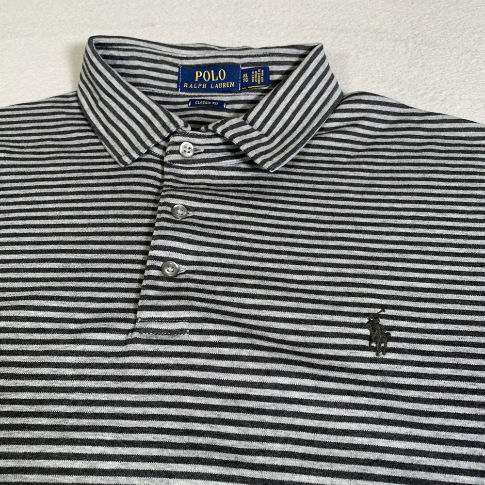 Polo‎ Ralph Lauren Polo Shirt Mens XL Gray Striped Classic Fit Knit Pima Cotton